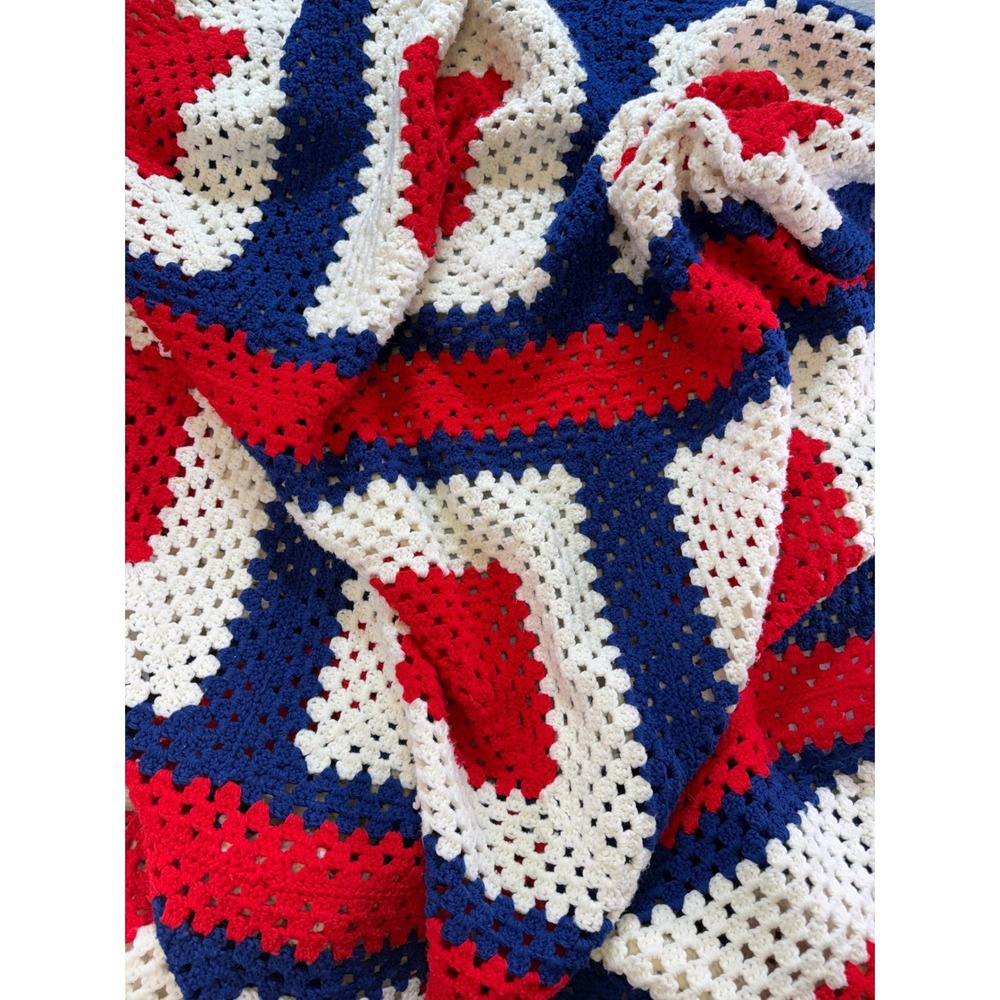 Vintage Handmade Crochet Granny‎ Square Afghan Blanket Red White Blue Patriotic